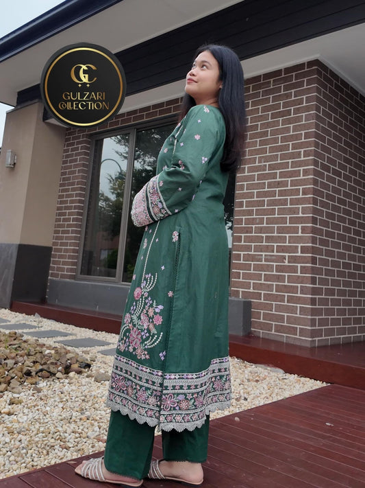 Emerald Green Embroidered Straight Suit Set